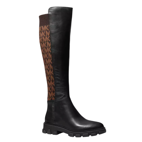 NEW MICHAEL KORS RIDLEY BLACK LEATHER BROWN LOGO JACQUARD KNEE BOOTS SZ 6.5